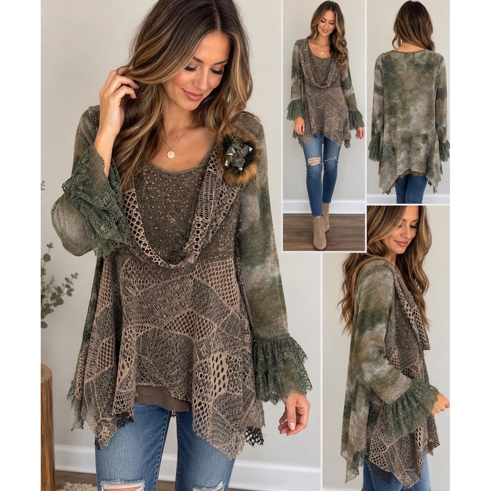 Love The Queen Tunic Women L Green Lace Crochet Lagenlook Whimsigoth Boho Artsy